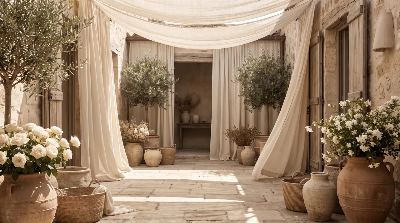 A sunlit Mediterranean courtyard with linen drapes, olive trees and terracotta urns