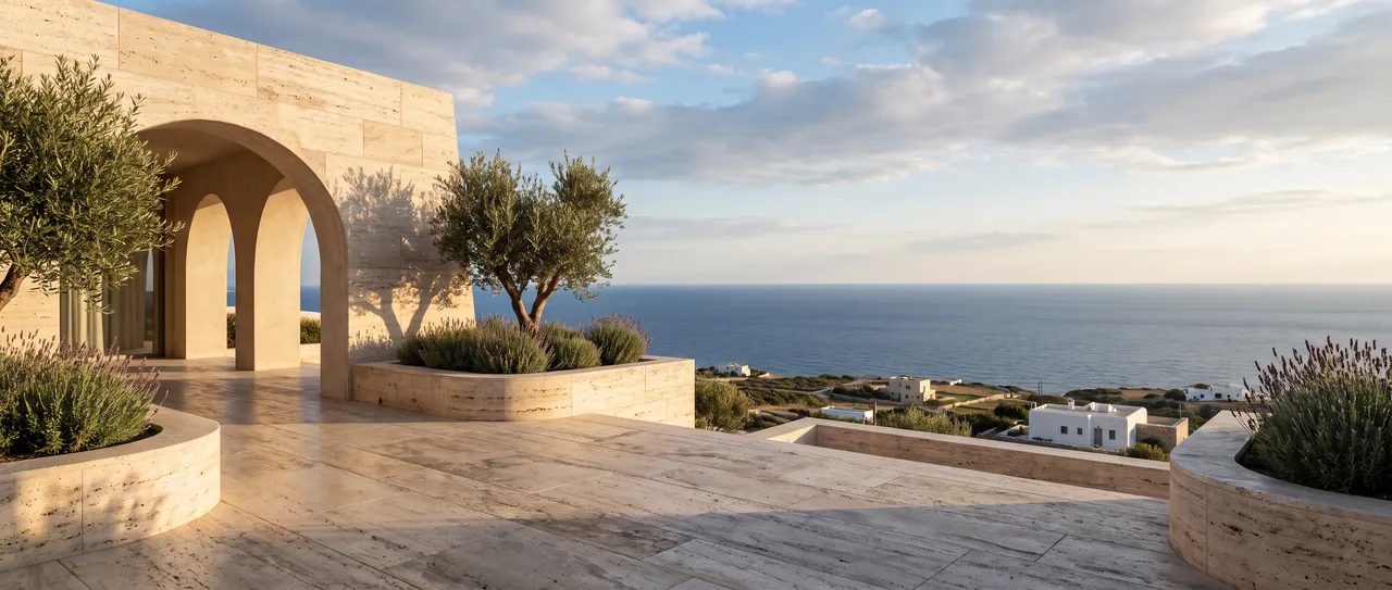 A travertine terrace with olive trees and an arched loggia overlooking the sea