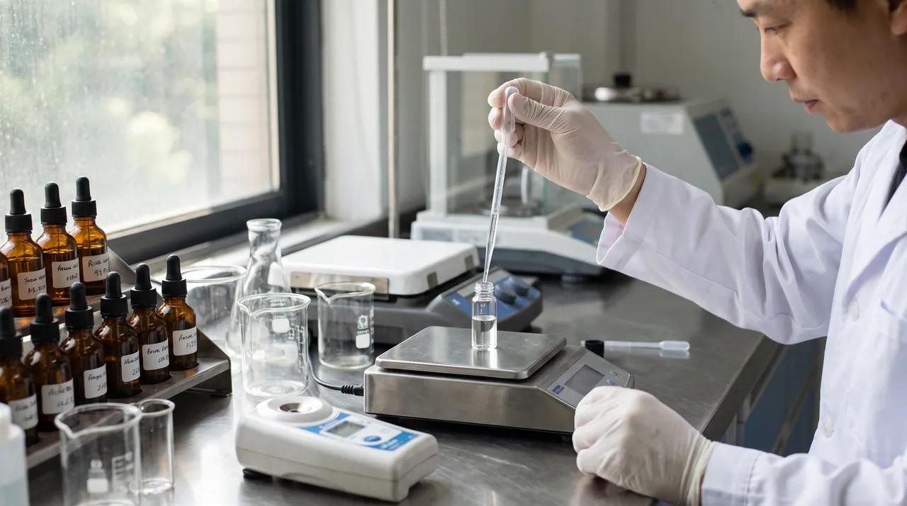 A technician measuring a fragrance sample with a pipette on a lab scale