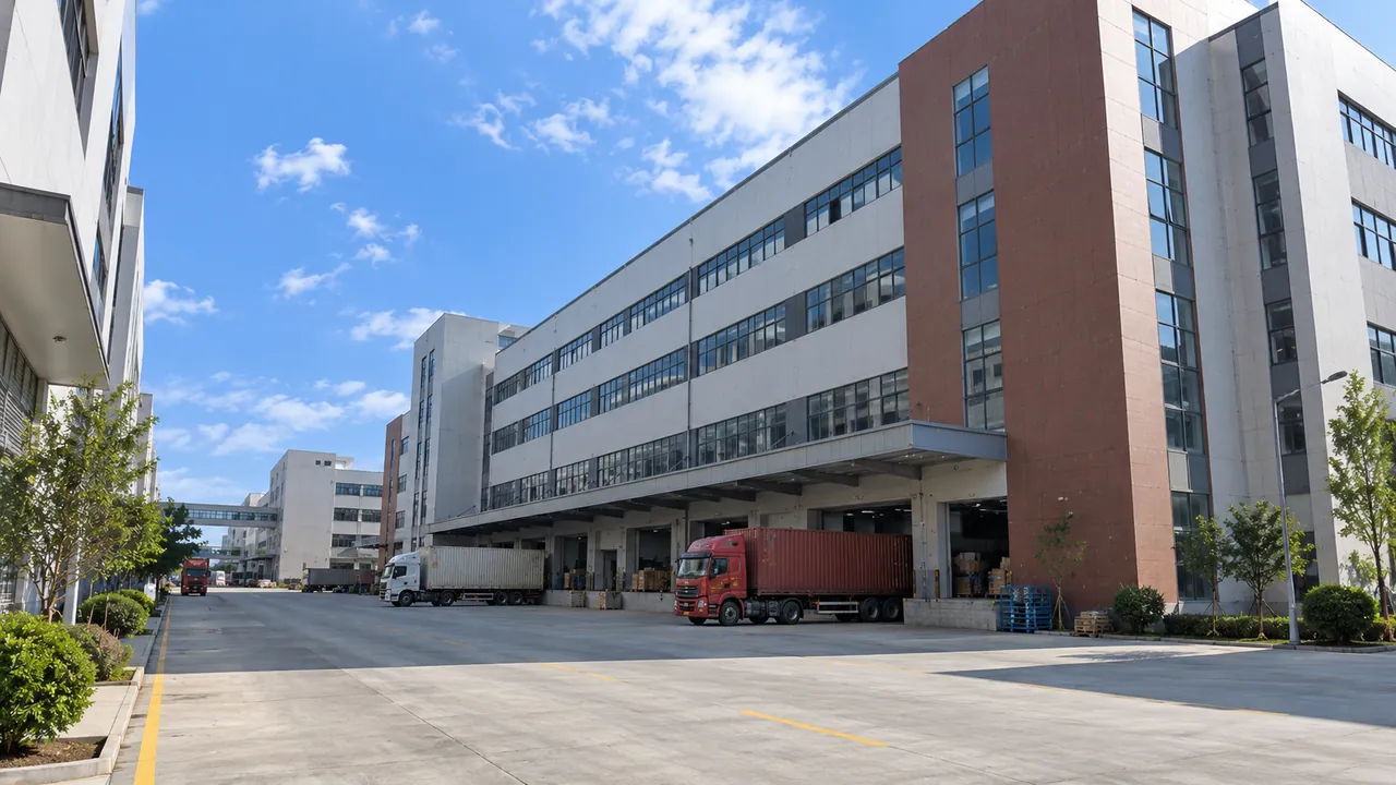 Factory buildings and loading bays with container trucks