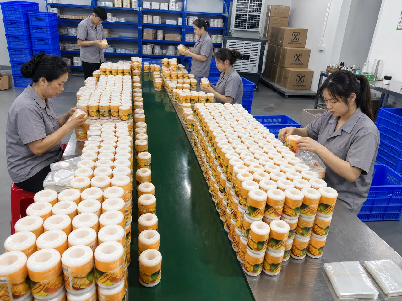 Workers checking filled fragrance jars along a production line