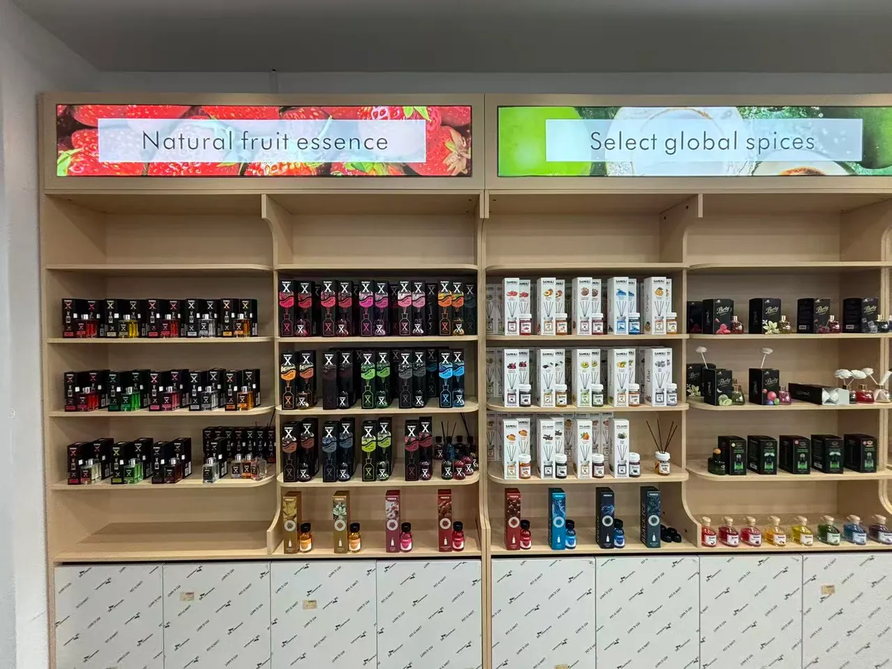 Showroom shelving displaying the fragrance range