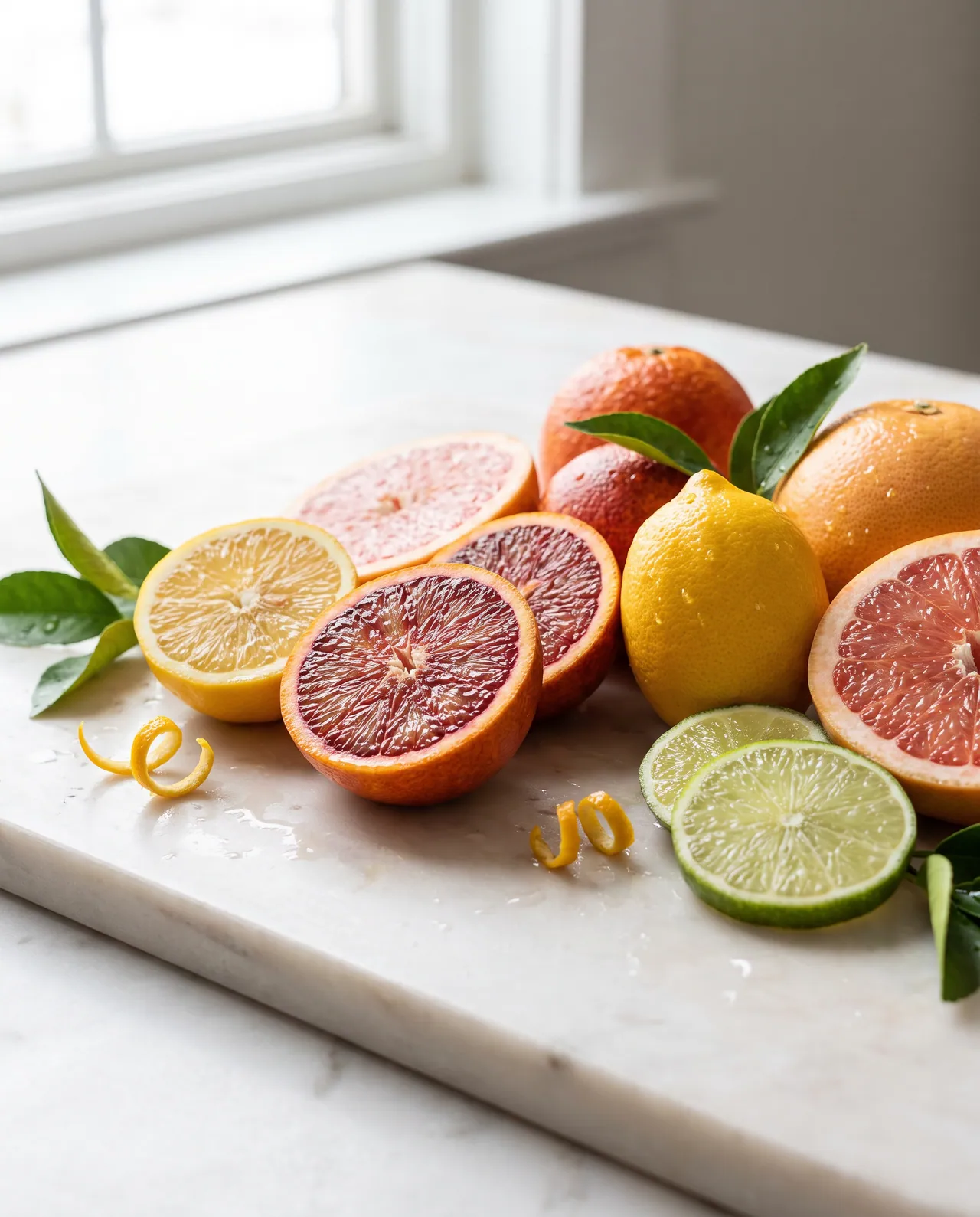 Halved grapefruit, lemon and lime on white marble by a window